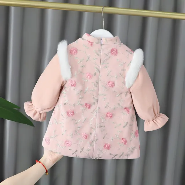 【橘魔法】花草刺繡毛邊長版上衣 洋裝 中國風 旗袍裝 過年 唐裝 新年 新衣 拜年服 女童 童裝 兒童