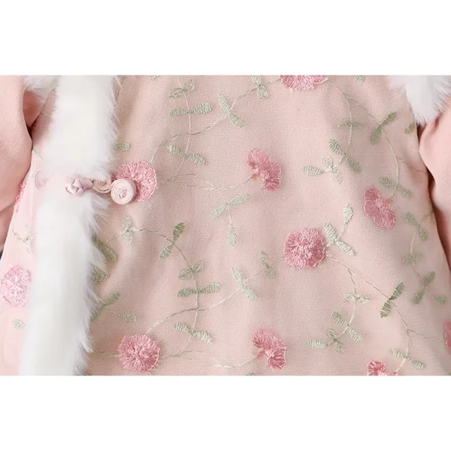 【橘魔法】花草刺繡毛邊長版上衣 洋裝 中國風 旗袍裝 過年 唐裝 新年 新衣 拜年服 女童 童裝 兒童