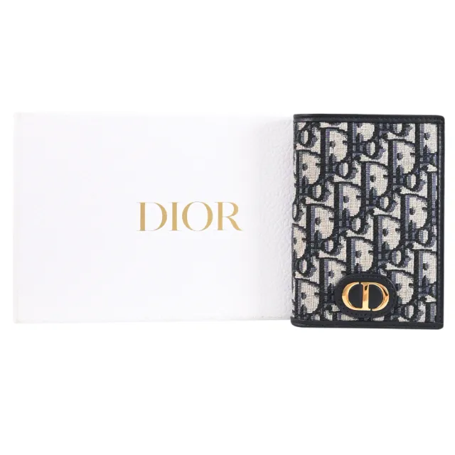 【Dior 迪奧】30 Montaigne 金屬LOGO緹花布信用卡護照夾(深藍)