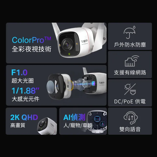 【TP-Link】真2K 400萬畫素 AI偵測 Wi-Fi攝影機/監視器 ColorPro全彩夜視/IP66(Tapo C325WB)