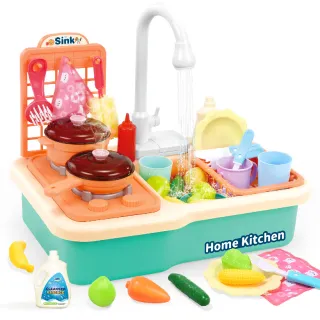 【CuteStone】兒童仿真廚房家家酒玩具  可出水水槽＋雙爐台｜洗切煮玩具組｜角色扮演