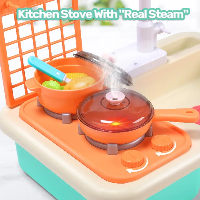 【CuteStone】兒童仿真噴霧廚房水槽玩具(電動循環出水/聲光噴霧瓦斯爐/洗碗機玩具/家家酒玩具)