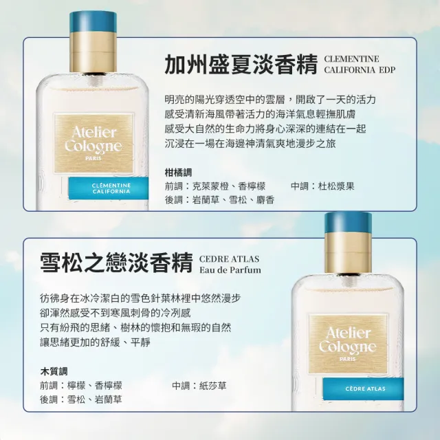 【Atelier Cologne】淡香精 100ml 多款任選(無極烏龍/赤霞橘光/情柚獨鍾/加州盛夏/雪松之戀)
