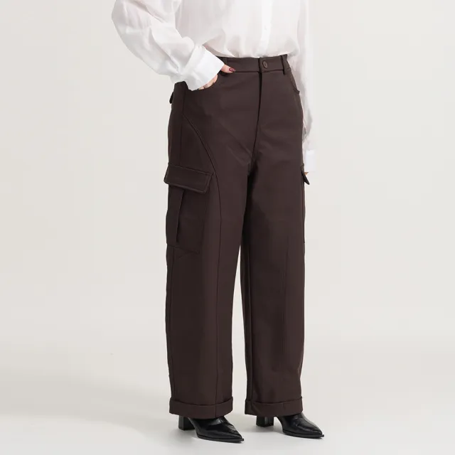 【M：MINb】都會風挺廓剪接造型工裝褲(深咖/中大尺碼女裝/XL女裝/女裝/工裝褲/肉肉女穿搭)