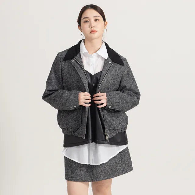 【M：MINb】巴恩風羊毛鋪棉短版外套(灰色/中大尺碼女裝/XL女裝/女裝/肉肉女穿搭/巴恩風外套)