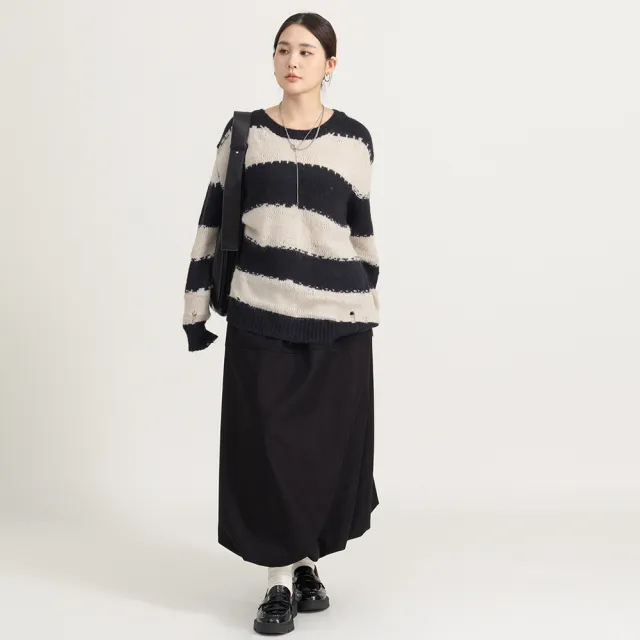 【M：MINb】鬆弛感黑白條紋粗針織上衣(黑色/中大尺碼女裝/XL女裝/女裝/肉肉女穿搭/長袖針織衫)