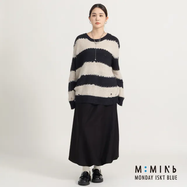 【M:MINb】鬆弛感黑白條紋粗針織上衣(黑色/中大尺碼女裝/XL女裝/女裝/肉肉女穿搭/長袖針織衫)