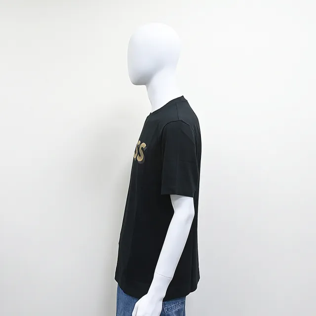 【BOSS】BOSS側邊黑標白字LOGO純綿陰影英文字設計圓領短袖T恤(男款/黑)