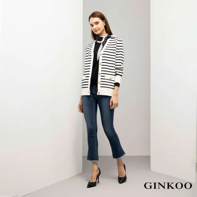 【GINKOO 俊克】V領條紋針織外套