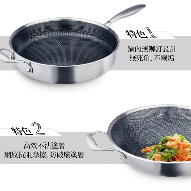 【PERFECT 理想】鈦晶316蜂巢式不銹鋼不沾炒鍋33cm附蓋+煎匙 台灣製造(不挑爐具 蜂窩式 不沾鍋)