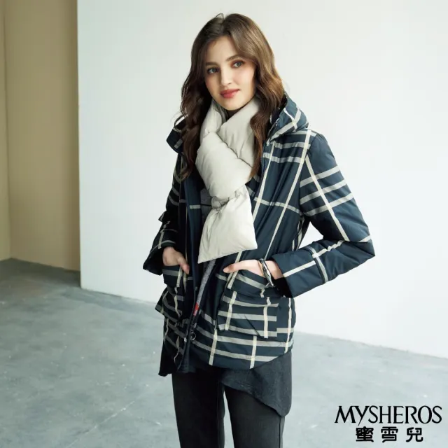 【MYSHEROS 蜜雪兒】拉鍊連帽外套 寬格紋翻蓋貼袋(丈青)