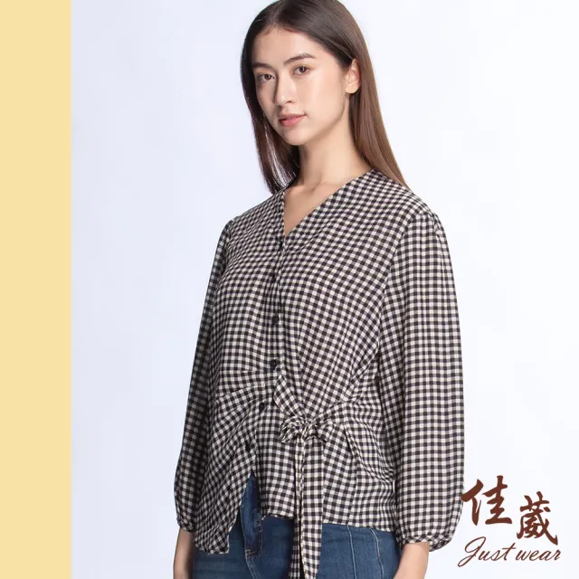 【Just Wear 佳葳】經典細格紋綁結上衣(女上衣/女上著/長袖/雪紡/鈕釦/棉質/百搭)