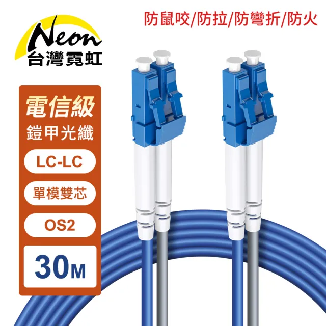 【台灣霓虹】防鼠咬防拉防彎折防火LC-LC單模雙芯OS2鎧甲光纖線30米