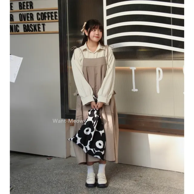 【Want-Meow】(出清品)70公斤可穿/顯瘦綁帶棉側口袋吊帶裙洋裝(大碼/大尺碼/加大碼/孕婦裝/吊帶長裙)
