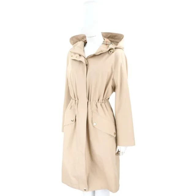 【BURBERRY 巴寶莉】束腰設計中長版連帽派克大衣 風衣-黃褐色