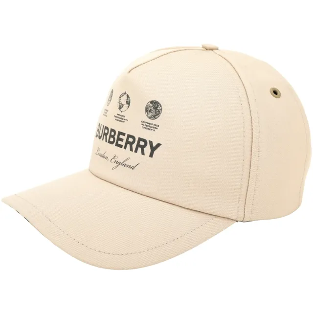【BURBERRY 巴寶莉】字母印花拼格紋襯裡小牛皮釦帶棒球帽-米杏色