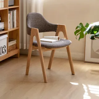 【hoi! 好好生活】YW富士山橡木實木布面扶手椅2入組 原木色+咖啡色