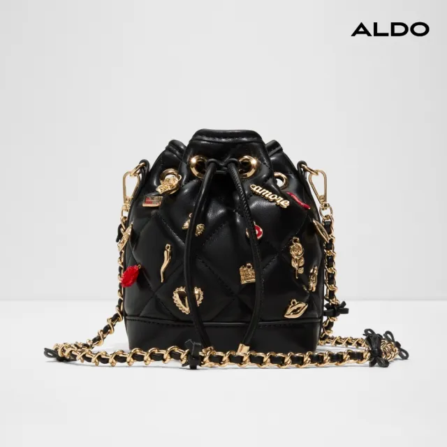 【ALDO】ROMALOVE-俐落光感金鍊水桶包(黑色)