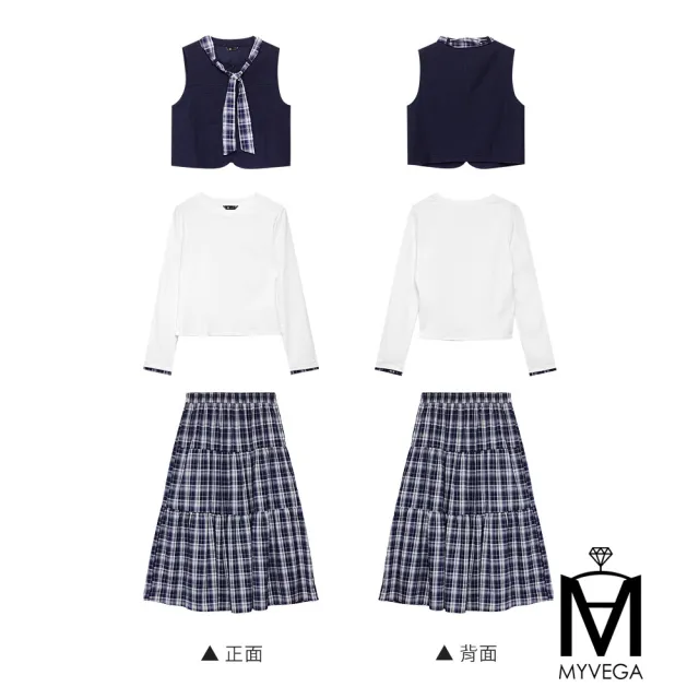 【MYVEGA 麥雪爾】MA丹寧牛仔/學院風格紋套裝三件組-二款任選(女上衣/套裝/真三件套裝)
