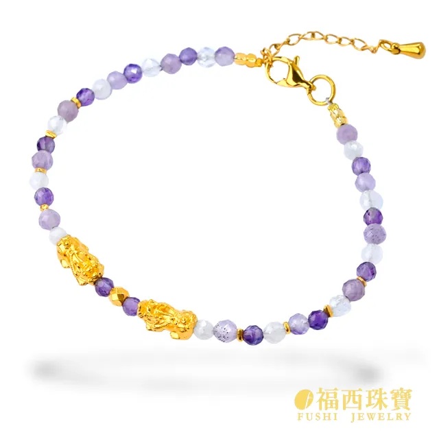 【福西珠寶】黃金手鍊 QQ小貔貅 小金珠點綴 不鏽鋼扣 百搭手串 (金重0.18錢正負0.03錢)