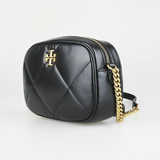 【TORY BURCH】TORY BURCH Kira古銅金雙T字LOGO小牛皮菱格絎縫設計拉鍊斜背相機包(小/黑)