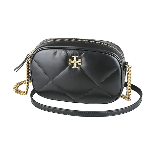 【TORY BURCH】TORY BURCH Kira古銅金雙T字LOGO小牛皮菱格絎縫設計拉鍊斜背相機包(小/黑)
