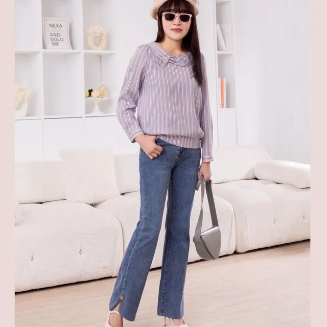 【JIN HWA 今譁】OL韓版甜美氣質優雅領片蝴蝶釦造型修身條紋上衣X6011