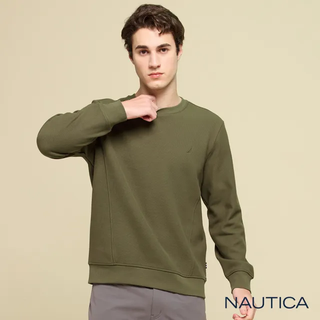 【NAUTICA】官方旗艦 男裝 經典LOGO拼線長袖T恤(軍綠色)