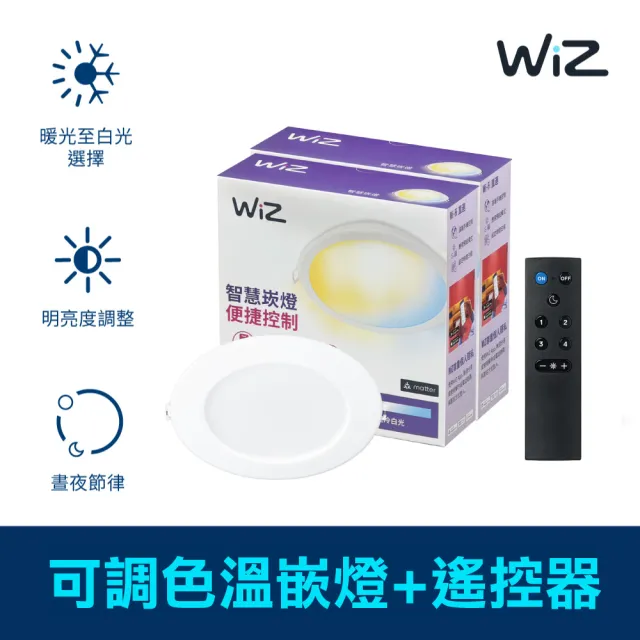 【Philips 飛利浦】Wi-Fi WiZ 智慧照明 可調色溫嵌燈 2入+遙控器(PW003)