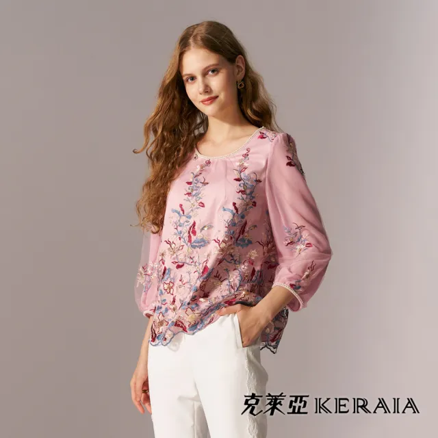 【KERAIA 克萊亞】瑰彩花境優雅網紗刺繡上衣