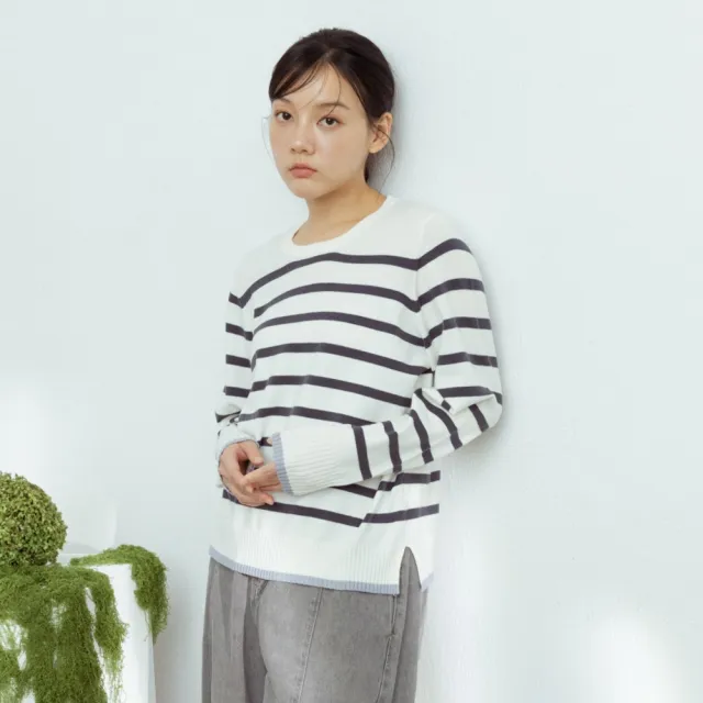 【MOSS CLUB】經典條紋脇邊開衩針織上衣 白 杏 灰(魅力商品)
