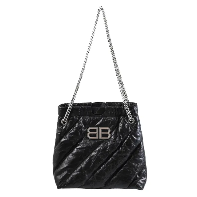 【Balenciaga 巴黎世家】CRUSH TOTE 品牌雙B LOGO揉製牛皮托特包鍊包(黑XS)