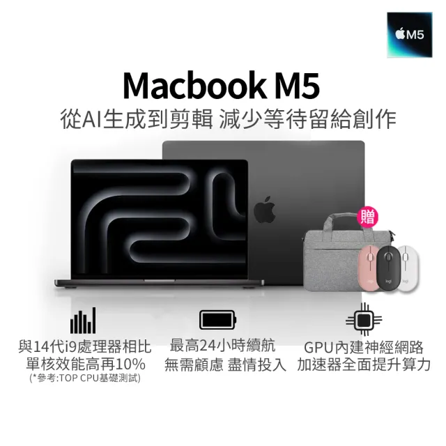 【Apple】無線滑鼠+電腦包★2025 MacBook Pro 14吋 M5晶片 10核心CPU與10核心GPU 16G/1TB SSD