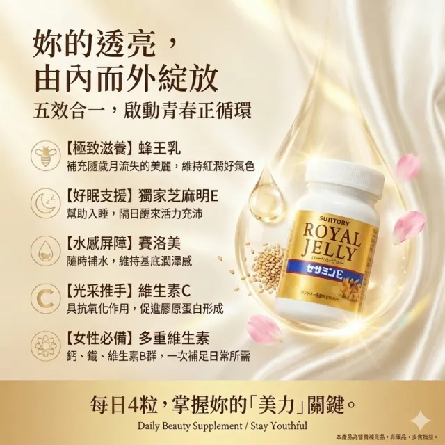 【Suntory 三得利】蜂王乳+芝麻明E*2瓶(共240粒_原廠購入有防偽標籤_維生素E、鈣、芝麻素)