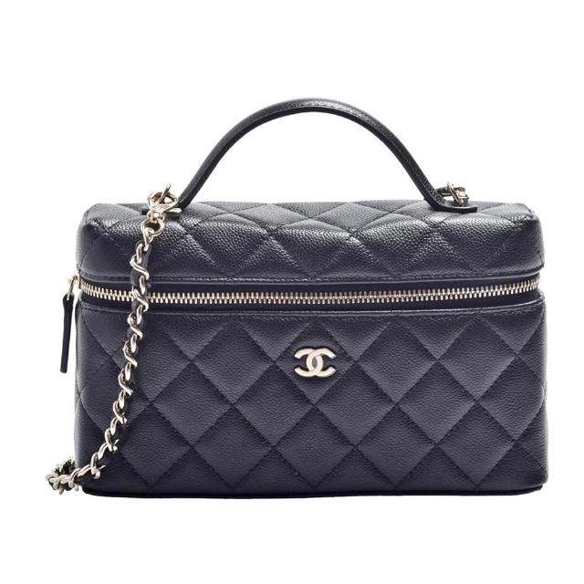 【CHANEL 香奈兒】經典VANITY CASE系列金色雙C LOGO粒紋牛皮手提/斜背包(黑色AP4385C-BLK-GP)