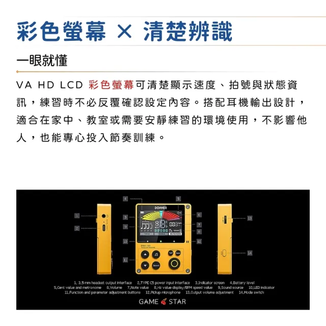 【Donner】DBM-100 二合一調音節拍器 黑黃兩款／極簡不凡（節拍器 調音器 充電式 數位 節奏 彩色螢幕）