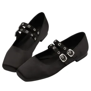 【Grace Gift】李柔聯名-甜酷序曲方頭金屬雙帶芭蕾舞瑪莉珍鞋(黑)