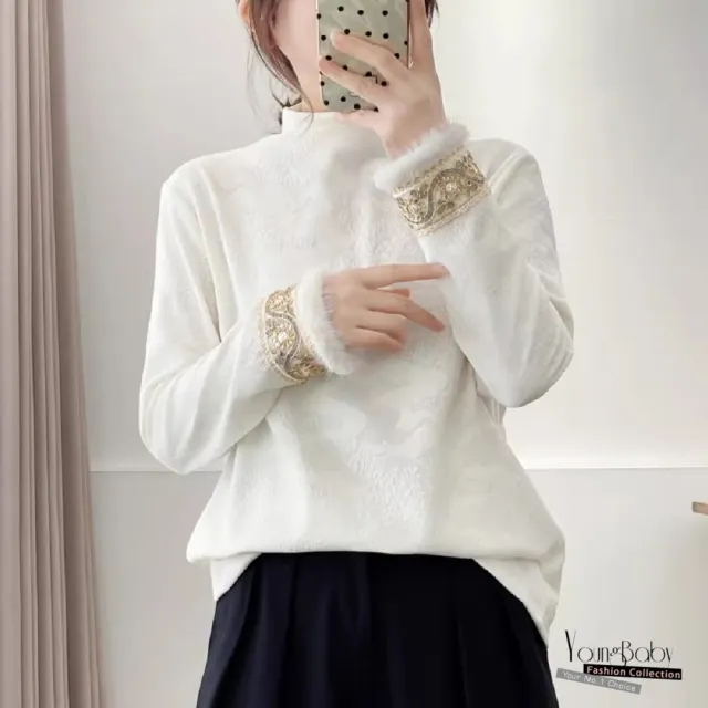 【YOUNGBABY】袖口繡金邊花蕾絲緹花加絨上衣 中大尺碼女裝
