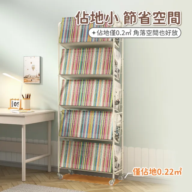 【慢慢家居】專人組裝-升級層板-奶油風超穩固可移動鐵藝五層書架(文件推車 兒童書架 移動書櫃 置物架)