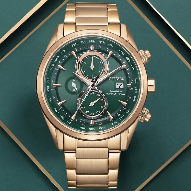 【CITIZEN 星辰】GENTS 廣告款內斂奢華電波光動能計時男錶-綠x金/43mm(AT8263-87X)618 禮物
