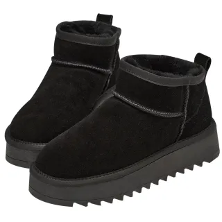 【Grace Gift】保暖神器暖絨牛麂皮短筒厚底雪靴 (黑)