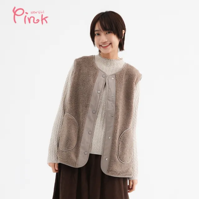 【PINK NEW GIRL】羔羊絨排釦圓口袋背心 (2色) Z5707AD