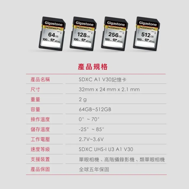 【GIGASTONE 立達】SDXC SD UHS-I U3 A1V30 4K 128GB高速記憶卡(128G 單眼相機/攝錄影機專用記憶卡)