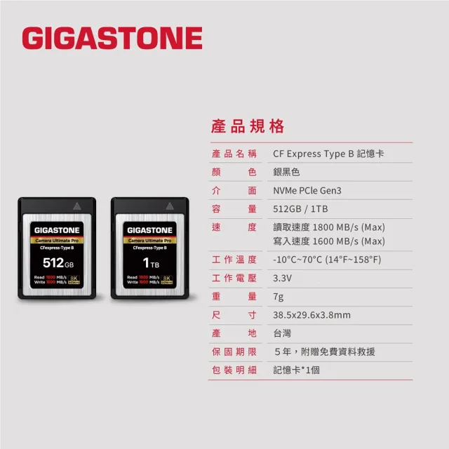 【Gigastone 立達國際】CFexpress Type B 1TB 8K專業攝影極速記憶卡(免費資料救援/高階相機/1T)