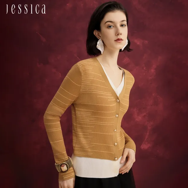 【JESSICA】修身百搭羊毛假兩件針織開衫外套J54405（棕）
