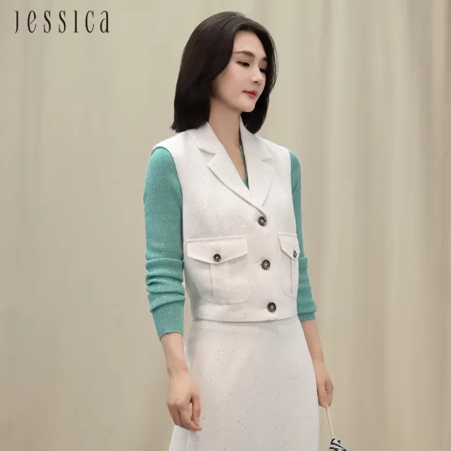 【JESSICA】氣質亮片小香風短款翻領背心J54903