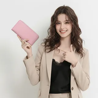【MIYUNA 米友娜】真皮牛皮進口波紋時尚耐磨長夾(真皮皮夾 櫻花粉)