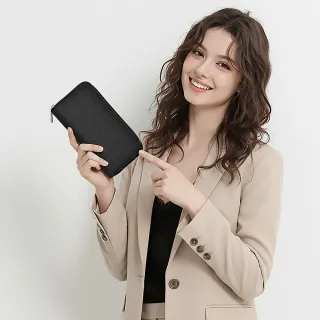 【MIYUNA 米友娜】真皮牛皮細緻十字紋耐磨招財長夾(真皮皮夾 經典黑)