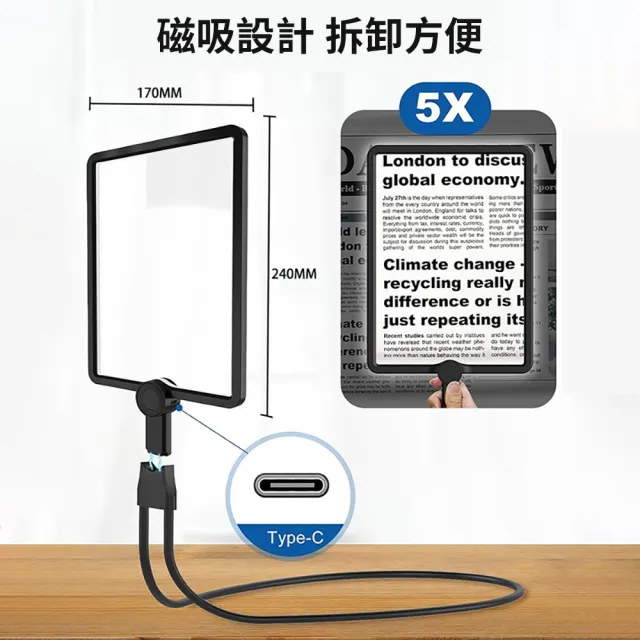 心靈捕手嚴選 充電LED燈 掛脖手持三用大鏡面放大鏡17x24cm(老人放大鏡 閱讀放大鏡 放大鏡檯燈)