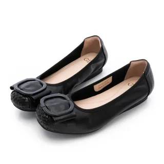 【GDC】鞋頭織紋大飾釦素面真皮平底包鞋-黑(525352-00)